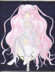 Rule 34 | 00s, 1girl, boots, cross-laced clothes, cross-laced footwear, dress, flower, flower eyepatch, hair flower, hair ornament, kirakishou, long hair, long sleeves, looking at viewer, pink hair, plant, puffy sleeves, rozen maiden, sitting, smile, solo, thigh boots, thighhighs, two side up, very long hair, vines, wavy hair, yellow eyes