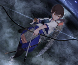 Rule 34 | 1girl, absurdres, arrow (projectile), blue hakama, bow (weapon), brown eyes, brown hair, closed mouth, cloud, cloudy sky, commentary, dutch angle, fog, frown, full moon, gegeron, glaring, hakama, hakama skirt, half-closed eyes, highres, holding, holding bow (weapon), holding weapon, horizon, japanese clothes, kaga (kancolle), kantai collection, kimono, long hair, looking to the side, moon, muneate, night, night sky, ocean, outdoors, rigging, sandals, side ponytail, skirt, sky, standing, tabi, weapon, white kimono, white legwear