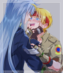 Rule 34 | 19670615t, 2boys, blonde hair, blue eyes, blue hair, blush, cape, claude kenni, closed mouth, dias flac, fingerless gloves, gloves, headband, highres, jacket, looking at another, male focus, multiple boys, open mouth, simple background, star ocean, star ocean the second story