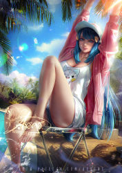 Rule 34 | 1girl, arms up, axsen, banned artist, bare legs, bare shoulders, barefoot, baseball cap, blue eyes, blue hair, blue sky, breasts, cleavage, cloud, creatures (company), dawn (pokemon), day, game freak, gen 4 pokemon, hair ornament, hairclip, hat, highres, jacket, large breasts, long hair, long sleeves, looking at viewer, nintendo, open clothes, open jacket, outdoors, pachirisu, parted lips, pink jacket, pokemon, pokemon dppt, poolside, print shirt, shirt, short shorts, shorts, signature, sitting, sky, sleeveless, sleeveless shirt, solo, very long hair, white hat, white shirt, white shorts