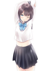 Rule 34 | 1girl, ;), arm grab, arms up, black sailor collar, black skirt, blue bow, blue eyes, blush, bow, brown hair, closed mouth, commentary request, fingernails, hair between eyes, highres, long sleeves, looking at viewer, midriff peek, navel, one eye closed, original, pleated skirt, sailor collar, school uniform, serafuku, shirt, simple background, skirt, smile, solo, stretching, white background, white shirt, yukimaru217