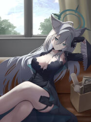 Rule 34 | 1girl, ahoge, animal ear fluff, animal ears, black choker, black dress, black gloves, blue archive, box, breasts, breasts apart, broken halo, choker, couch, cross, cross hair ornament, dress, gloves, grey hair, hair between eyes, hair ornament, halo, head rest, head tilt, highres, holster, indoors, inverted cross, keika (otsukare), long hair, long sleeves, looking at viewer, medium breasts, mismatched pupils, shiroko (blue archive), shiroko terror (blue archive), sitting, sky, solo, thigh holster, window, wolf ears, wolf girl