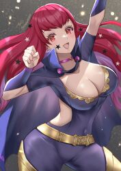 Rule 34 | 1girl, arm up, belt, breasts, cleavage, covered navel, cowboy shot, facial mark, fire emblem, fire emblem engage, hair ornament, hand up, large breasts, long hair, looking at viewer, nintendo, red eyes, red hair, short sleeves, smile, snow20200, solo, standing, star (symbol), star hair ornament, very long hair, yunaka (fire emblem)