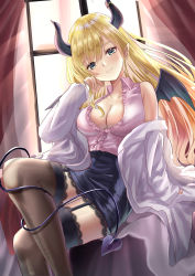 Rule 34 | 1girl, asymmetrical hair, black skirt, black thighhighs, blonde hair, blue eyes, blush, breasts, cleavage, closed mouth, collared shirt, commentary, crossed legs, curtains, demon girl, demon horns, demon tail, demon wings, feet out of frame, gradient hair, hair ribbon, hand on own cheek, hand on own face, highres, hololive, horns, indoors, jacket, lace, lace-trimmed skirt, lace-trimmed thighhighs, lace trim, lips, long hair, looking at viewer, medium breasts, miniskirt, multicolored hair, off shoulder, open clothes, open jacket, pencil skirt, pink hair, pink shirt, pointy ears, ribbon, shigiroid, shirt, shirt tucked in, sidelocks, sitting, skirt, sleeveless, sleeveless shirt, smile, solo, sunlight, tail, thighhighs, two-tone hair, virtual youtuber, white jacket, white ribbon, window, wing collar, wings, yuzuki choco, yuzuki choco (1st costume), zettai ryouiki