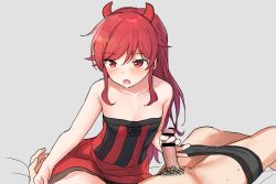 Rule 34 | 1boy, 1girl, bar censor, bare shoulders, blush, breasts, brother and sister, censored, chigusa asuha, chigusa kasumi, collarbone, demon horns, dress, erection, fake horns, handjob, hetero, horns, incest, long hair, looking at another, lying, male pubic hair, on back, open mouth, penis, ponytail, pubic hair, qualidea code, red dress, red eyes, red hair, sekiya asami, siblings, small breasts, solo focus