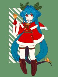 Rule 34 | 1girl, aged down, blue hair, bow, capelet, child, dizzy (guilty gear), dress, flat chest, full body, fur-trimmed capelet, fur-trimmed dress, fur trim, gloves, guilty gear, guilty gear xrd, hair rings, highres, kuangren k, long hair, long sleeves, looking at viewer, monster girl, red capelet, red dress, red eyes, red gloves, ribbon, santa dress, smile, standing, tail, tail bow, tail ornament, tail ribbon, yellow ribbon