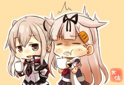 Rule 34 | 10s, 2girls, artist name, black gloves, black ribbon, black serafuku, black skirt, blonde hair, brown eyes, capelet, commentary request, cross, cup, frown, gloves, graf zeppelin (kancolle), hair flaps, hair ornament, hair ribbon, hairclip, holding, holding cup, jacket, kantai collection, long hair, long sleeves, multiple girls, neckerchief, open mouth, orange background, pleated skirt, red neckerchief, ribbon, scarf, school uniform, serafuku, short sleeves, sidelocks, simple background, skirt, taisa (kari), twintails, white jacket, white scarf, yuudachi (kancolle)