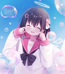 Rule 34 | 1girl, :d, ^ ^, azki (hololive), black bow, black hair, blush, bow, bubble, closed eyes, commentary request, deyui, facing viewer, hair between eyes, hair ornament, halo, hands up, highres, hololive, long sleeves, multicolored hair, open mouth, puffy long sleeves, puffy sleeves, red hair, red sailor collar, sailor collar, school uniform, serafuku, shirt, sleeves past wrists, smile, solo, star (symbol), star hair ornament, two-tone hair, upper body, virtual youtuber, white shirt
