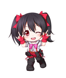 Rule 34 | 10s, 1girl, ;d, \m/, black hair, blush, bokura wa ima no naka de, boots, bow, chibi, choker, cross-laced footwear, hair bow, highres, kuena, lace-up boots, bridal garter, love live!, love live! school idol project, nico nico nii, one eye closed, open mouth, red eyes, smile, solo, twintails, wink, yazawa nico