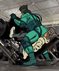 Rule 34 | 2boys, absurdres, ass, bara, black gloves, black hair, blue headband, blush, exercising, exercise machine, face in ass, glasses, gloves, grey hair, grey pants, gym, hal emmerich, headband, highres, lab coat, large pectorals, leg press machine, male focus, meme, metal gear (series), metal gear solid, miles mandel, multiple boys, muscular, muscular male, pants, pectorals, round eyewear, short hair, sitting, sitting on face, sitting on person, solid snake, squatting, the world needs more heroes (meme), yaoi