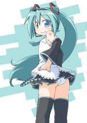 Rule 34 | aqua hair, armpits, bare shoulders, black thighhighs, blue eyes, blush, detached sleeves, hair ornament, hatsune miku, headphones, long hair, looking back, naitou kouse, necktie, panties, simple background, smile, solo, thighhighs, twintails, underwear, very long hair, vocaloid, white panties