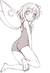 Rule 34 | 1girl, barefoot, blush, daiyousei, fairy, feet, female focus, flat chest, looking back, monochrome, one-piece swimsuit, open mouth, pink theme, school swimsuit, short hair, sin-go, sketch, soles, solo, swimsuit, embodiment of scarlet devil, touhou, wings