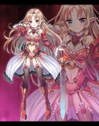 Rule 34 | 1girl, armor, bare shoulders, black thighhighs, blonde hair, blue eyes, border, closed mouth, detached sleeves, female focus, flower, frilled skirt, frilled sleeves, frilled thighhighs, frills, gradient background, high heels, holding, holding sword, holding weapon, long hair, long sleeves, looking at viewer, midriff, navel, original, pointy ears, red flower, rose, senri gan, skirt, smile, solo, sword, thighhighs, tiara, weapon, zoom layer