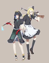 Rule 34 | 1boy, 1girl, alternate costume, anger vein, annoyed, apron, assault rifle, black dress, black footwear, black hair, black ribbon, black socks, blonde hair, blue hair, brown background, clenched teeth, collared dress, colored inner hair, commentary, crossdressing, dress, english commentary, enmaided, eyewear hang, unworn eyewear, fate/grand order, fate (series), frilled apron, frills, full body, green apron, grey eyes, gun, hair ribbon, high heels, highres, holding, holding gun, holding weapon, house tag denim, kneehighs, loafers, long hair, looking at viewer, maid, maid headdress, male maid, multicolored hair, orange-tinted eyewear, over shoulder, parted lips, print apron, ribbon, rifle, round eyewear, scowl, shoes, short hair, short sleeves, simple background, skirt hold, sleeve cuffs, socks, standing, standing on one leg, stg44, streaked hair, sunglasses, teeth, tenochtitlan (fate), tenochtitlan (first ascension) (fate), tezcatlipoca (fate), tinted eyewear, triangle print, twitter username, two-tone dress, two-tone footwear, two-tone hair, waist apron, weapon, weapon over shoulder, white apron, yellow footwear