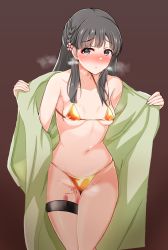 Rule 34 | 1girl, absurdres, alternate costume, bare shoulders, bikini, black eyes, black hair, blush, braid, breasts, breath, brown background, coat, collarbone, controller, embarrassed, female focus, flower, green coat, hair flower, hair ornament, hands up, highres, idolmaster, idolmaster cinderella girls, kobayakawa sae, long hair, looking at viewer, matching hair/eyes, micro bikini, navel, nose blush, open clothes, open coat, open mouth, orange bikini, pink flower, pussy juice, raindrop746079, remote control, remote control vibrator, sex toy, shiny clothes, shiny skin, simple background, skindentation, small breasts, solo, standing, steam, steaming body, stomach, string bikini, sweat, swimsuit, tears, thigh strap, underboob, vibrator, vibrator under clothes
