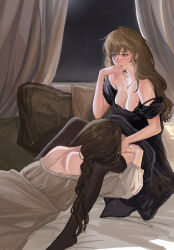 Rule 34 | 2girls, absurdres, bed sheet, black dress, black thighhighs, braid, breasts, brown hair, commentary, cunnilingus, curtains, deerwhisky, dress, hand on another&#039;s thigh, highres, indoors, jewelry, lap pillow, large breasts, long hair, looking to the side, messy hair, multiple girls, necklace, on bed, oral, original, pillow, sitting, thighhighs, white dress, yuri