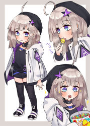 Rule 34 | 1girl, aa-12 (girls&#039; frontline), aged down, ahoge, black hat, black thighhighs, blue eyes, boots, buckle, candy, choker, cla (finesoda), commentary request, food, girls&#039; frontline, hair ornament, hat, holding, holding candy, holding food, holding lollipop, hood, hood down, hooded coat, licking, lollipop, long sleeves, mouth hold, multiple views, open clothes, open mouth, shorts, sidelocks, silver hair, snap-fit buckle, star (symbol), star hair ornament, thighhighs
