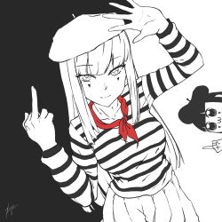 Rule 34 | 10s, 1girl, :3, beret, bkub (style), blunt bangs, commentary, facepaint, hat, japon mignon, middle finger, monochrome, neckerchief, pipimi, pleated skirt, poptepipic, shirt, signature, skirt, solo, spot color, striped clothes, striped shirt, tsurime, yirga