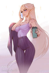 Rule 34 | 1girl, absurdres, blonde hair, brand name imitation, breasts, camisole, cellphone, coffee cup, collarbone, commentary, covered navel, cup, disposable cup, elf, english commentary, grey camisole, hair behind ear, highres, holding, holding cup, holding phone, kardie, long hair, looking at viewer, medium breasts, mole, mole under mouth, office lady, original, parted lips, phone, pointy ears, shirt tucked in, solo, sparkle, starbucks