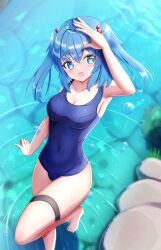 Rule 34 | 1girl, armpits, barefoot, blue eyes, blue hair, blue one-piece swimsuit, breasts, feet, hair ornament, highres, kawashiro nitori, looking at viewer, looking up, medium breasts, oekaki iorin, one-piece swimsuit, open mouth, river, smile, solo, swimsuit, thighs, touhou