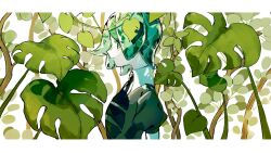 1other androgynous aqua_eyes aqua_hair black_necktie black_shirt border collared_shirt from_side gem_uniform_(houseki_no_kuni) highres houseki_no_kuni leaf necktie phosphophyllite plant profile puffy_short_sleeves puffy_sleeves shiro_(kuro_guu) shirt short_sleeves upper_body white_background white_border