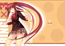 Rule 34 | 1girl, beige background, bow, bowtie, brown skirt, contrapposto, kitagawa unagi, little busters!, long hair, long sleeves, looking at viewer, natsume rin, pink bow, red bow, red bowtie, red eyes, school uniform, serafuku, simple background, skirt, solo, standing, very long hair