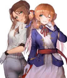 Rule 34 | 2girls, arm at side, ass, bad id, bad pixiv id, blue jacket, blush, breasts, brown hair, clenched hand, coat, unworn coat, cowboy shot, dress, girls&#039; frontline, gloves, green eyes, hair between eyes, hair bun, hanato (seonoaiko), head tilt, jacket, large breasts, lee-enfield (girls&#039; frontline), long hair, long sleeves, looking at viewer, looking away, multiple girls, neck ribbon, open clothes, open jacket, pants, parted lips, red coat, red ribbon, ribbon, shirt, single hair bun, smile, springfield (girls&#039; frontline), twitter username, white background, white dress, white gloves, white shirt