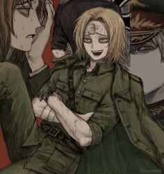Rule 34 | 4boys, artist name, axis powers hetalia, bandage on face, bandaged arm, bandages, belt, blonde hair, brown hair, buttons, cancallmecap, collared shirt, crossed arms, green eyes, green jacket, green pants, green shirt, hand on own face, hat, highres, jacket, jacket on shoulders, knee up, lithuania (hetalia), looking at viewer, male focus, military uniform, multiple boys, open clothes, open jacket, open mouth, pants, pocket, poland (hetalia), profile, prussia (hetalia), shirt, short hair, smile, sweat, uniform
