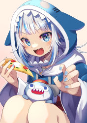 Rule 34 | 1girl, :d, animal hood, bloop (gawr gura), blue eyes, blue hair, blunt bangs, claw pose, fins, fish skeleton, fish tail, food, gawr gura, gawr gura (1st costume), highres, holding, holding food, holding pizza, hololive, hololive english, hood, hoodie, knees to chest, long sleeves, looking to the side, medium hair, multicolored hair, nail polish, open mouth, pizza, print hoodie, ryofuhiko, shark girl, shark hood, sharp teeth, signature, sitting, smile, solo, streaked hair, tail, teeth, v-shaped eyebrows, virtual youtuber, white hair