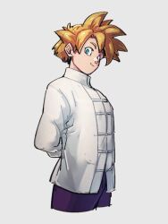 Rule 34 | 1boy, arms behind back, blonde hair, blue eyes, chinese clothes, closed mouth, cropped legs, dragon ball, dragonball z, grey background, jacket, kemachiku, long sleeves, looking at viewer, male focus, pants, purple pants, short hair, simple background, smile, solo, son gohan, spiked hair, super saiyan, tangzhuang, white jacket