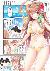 Rule 34 | 1boy, 1girl, 4koma, ^ ^, admiral (kancolle), ahoge, bad id, bad nicoseiga id, bikini, black hair, blush, bottle, breasts, brown eyes, brown hair, cleavage, closed eyes, collarbone, comic, commentary request, double bun, fang, front-tie bikini top, front-tie top, hair bun, hat, heart, highres, holding, holding bottle, huge ahoge, kantai collection, kuma (kancolle), long hair, masayo (gin no ame), medium breasts, one eye closed, open mouth, peaked cap, short hair, smile, speech bubble, swimsuit, translation request, yellow bikini