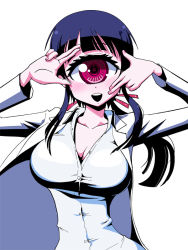 Rule 34 | 1girl, bandages, black hair, blunt bangs, breasts, cleavage, cyclops, hime cut, hitomi sensei no hokenshitsu, lab coat, large breasts, manaka hitomi, monster girl, one-eyed, pink background, pink eyes, ponytail, school nurse, scissors, shake-o, simple background, solo