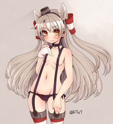 Rule 34 | 10s, 1girl, amatsukaze (kancolle), areola slip, black panties, blush, bow, bow panties, breasts, brown eyes, garter straps, gloves, hanauna, highres, kantai collection, long hair, looking at viewer, lowleg, lowleg panties, panties, personification, side-tie panties, silver hair, small breasts, solo, striped clothes, striped thighhighs, thighhighs, twintails, two side up, underwear, underwear only