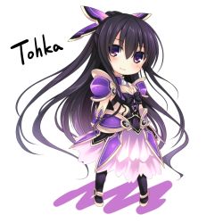 Rule 34 | 10s, 1girl, armor, armored dress, bow, character name, chibi, date a live, kaguyuu, long hair, looking at viewer, purple eyes, purple hair, purple legwear, signature, simple background, skirt, smile, solo, very long hair, white background, yatogami tooka