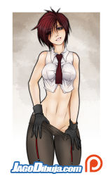 Rule 34 | 1girl, black gloves, clothes pull, collared shirt, covered erect nipples, cowboy shot, cropped shirt, gloves, grey eyes, hair between eyes, highres, jago dibuja, midriff, navel, necktie, pantyhose, pantyhose pull, parted lips, patreon logo, red hair, red necktie, shirt, short hair, sleeveless, sleeveless shirt, smile, solo, the king of fighters, vanessa (kof), watermark, web address, white shirt