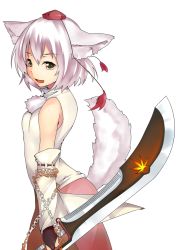 Rule 34 | 1girl, alternate weapon, animal ears, bare shoulders, bridal gauntlets, chain, detached sleeves, fang, female focus, hat, inubashiri momiji, leaf, maple leaf, short hair, silver hair, simple background, solo, sword, tail, terazip, tokin hat, touhou, weapon, wolf ears, wolf tail