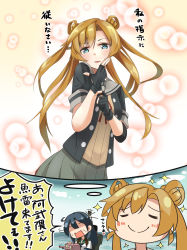 Rule 34 | 10s, 2girls, abukuma (kancolle), ahoge, black gloves, black hair, blonde hair, blue eyes, buttons, commentary request, double bun, fingerless gloves, gloves, hair between eyes, hair bun, hair rings, highres, imagining, kantai collection, long hair, motion lines, multiple girls, negahami, open mouth, pleated skirt, remodel (kantai collection), school uniform, serafuku, skirt, smile, smug, sparkle, translation request, turning head, twintails, ushio (kancolle)