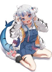 Rule 34 | 1girl, absurdres, blue eyes, blue hair, blue nails, blunt bangs, blush, body writing, boshi (a-ieba), buttons, commentary request, fins, fish tail, full body, gawr gura, hair ornament, highres, hololive, hololive english, jacket, long sleeves, looking at viewer, medium hair, multicolored hair, nail polish, open clothes, open jacket, open mouth, paw shoes, shark girl, shark hair ornament, shark tail, sharp teeth, silver hair, sitting, smile, solo, streaked hair, suspenders, tail, teeth, two side up, virtual youtuber, wariza, white background