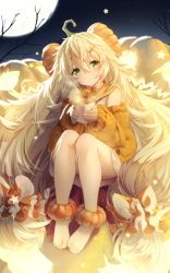 Rule 34 | 1girl, baggy clothes, barefoot, blonde hair, blush, breasts, cardigan, commentary, cup, dress, feet, fluffy, food, food-themed hair ornament, full body, full moon, girls&#039; frontline, green eyes, hair between eyes, hair ornament, hair scrunchie, hairclip, halloween, head tilt, highres, holding, holding cup, jack-o&#039;-lantern, legs together, long hair, looking at viewer, low-tied long hair, low twintails, medium breasts, messy hair, moon, moon print, neckerchief, night, night sky, off shoulder, official alternate costume, open cardigan, open clothes, orange sailor collar, orange scrunchie, orange sweater, outdoors, pumpkin, pumpkin hair ornament, pumpkin soup, red neckerchief, revision, s.a.t.8 (girls&#039; frontline), s.a.t.8 (pumpkin skewers) (girls&#039; frontline), sailor collar, sailor dress, scrunchie, sidelocks, sitting, sky, smile, solo, songchuan li, star (sky), star (symbol), star print, starry sky, steam, sweater, toes, twintails, very long hair, watermark, weapon, white dress