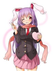 Rule 34 | 1girl, animal ears, blazer, blush, breasts, female focus, gift, highres, hototogisu (hot to gis), jacket, light purple hair, long hair, looking at viewer, necktie, one eye closed, rabbit ears, red eyes, red necktie, reisen udongein inaba, scarf, skirt, solo, standing, touhou, valentine, very long hair, wink