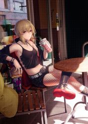 Rule 34 | armpits, artoria pendragon (all), artoria pendragon (fate), belt, black camisole, black jacket, black ribbon, black shorts, boots, bracelet, breasts, burger, camisole, chair, choker, cleavage, cross, cross necklace, cup, disposable cup, drinking straw, fast food, fate/grand order, fate/stay night, fate (series), fishnet pantyhose, fishnets, food, hair between eyes, highres, jacket, jewelry, knee boots, looking at viewer, low ponytail, midriff, mugetsu2501, necklace, official alternate costume, pantyhose, ribbon, ring, saber alter, saber alter (ver. shinjuku 1999) (fate), shirt, short shorts, shorts, sitting, sleeveless, sleeveless shirt, solo, table, white belt, window, yellow eyes