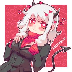 Rule 34 | 1girl, absurdres, black horns, blazer, blush, breasts, commentary, copyright name, demon girl, demon horns, demon tail, frown, hands on own chest, heart, heart-shaped pupils, heart background, helltaker, highres, horns, jacket, large breasts, looking at viewer, medium hair, modeus (helltaker), outline, red eyes, red sweater, ribbed sweater, solo, sweater, symbol-shaped pupils, tail, white hair, white outline, yoshikoro