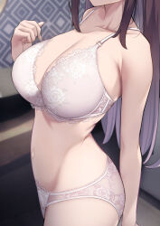 Rule 34 | 1girl, absurdres, arm behind back, bare arms, blurry, blurry background, bra, breasts, brown hair, cleavage, collarbone, commentary request, head out of frame, highres, karaage bou, large breasts, navel, original, panties, sidelocks, solo, standing, stomach, underwear, underwear only, white bra, white panties
