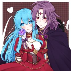Rule 34 | 1boy, 1girl, :d, blue eyes, blue hair, blush, border, breasts, brown background, cape, circlet, cleavage, closed mouth, couple, dress, eirika (fire emblem), fire emblem, fire emblem: the sacred stones, flower, frown, hair between eyes, hair intakes, hand on another&#039;s hip, heart, hetero, highres, holding, holding flower, layered sleeves, long hair, long sleeves, looking at viewer, lyon (fire emblem), medium breasts, misato hao, nintendo, open mouth, outside border, plaid, plaid background, purple cape, purple flower, purple hair, red dress, red eyes, short over long sleeves, short sleeves, smile, underbust, white border