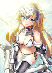 Rule 34 | 1girl, adapted costume, armor, armored boots, bad id, bad pixiv id, bare shoulders, bikini, bikini armor, black legwear, blonde hair, blue eyes, blurry, blush, boots, breasts, cleavage, eyelashes, fate/apocrypha, fate/grand order, fate (series), from above, fur trim, gauntlets, gorget, headpiece, heirou, jeanne d&#039;arc (fate), jeanne d&#039;arc (ruler) (fate), jeanne d&#039;arc (third ascension) (fate), light particles, light rays, long hair, looking at viewer, medium breasts, navel, parted lips, side-tie bikini bottom, sitting, smile, solo, stomach, strap gap, string bikini, sunbeam, sunlight, swimsuit, very long hair, wariza, white bikini