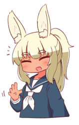 Rule 34 | 1girl, :d, ^ ^, animal ear fluff, animal ears, blonde hair, blue sailor collar, blue shirt, blush, closed eyes, collarbone, commentary request, cropped torso, etrian odyssey, facing viewer, hand up, long hair, long sleeves, masurao (sekaiju), naga u, neckerchief, open mouth, ponytail, rabbit ears, sailor collar, school uniform, sekaiju no meikyuu, sekaiju no meikyuu 5, serafuku, shirt, sidelocks, simple background, smile, solo, thick eyebrows, upper body, white background, white neckerchief