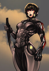 Rule 34 | 1girl, 7zaki, absurdres, armor, black gloves, black hair, black lips, blue eyes, breasts, clenched hand, cloud, gloves, highres, holding, holding sword, holding weapon, looking to the side, mass effect (series), mass effect 3, medium breasts, n7 shadow infiltrator, parted lips, power armor, short hair, sky, solo, sword, weapon, western comics (style)