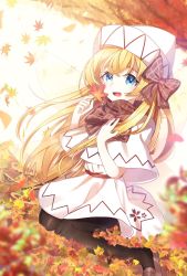 Rule 34 | 1girl, adapted costume, ametama (runarunaruta5656), autumn, autumn leaves, black pantyhose, blonde hair, blue eyes, blurry, blurry foreground, blush, bow, bowtie, brown bow, brown bowtie, brown footwear, brown scarf, capelet, cherry blossom print, dress, fairy, fairy wings, falling leaves, floral print, full body, hair bow, hand on own chest, hands up, highres, knees together feet apart, leaf, lily white, loafers, long hair, looking at viewer, open mouth, pantyhose, plaid, plaid scarf, scarf, shoes, sidelocks, sitting, solo, touhou, transparent wings, very long hair, wariza, white capelet, white dress, white headwear, wings
