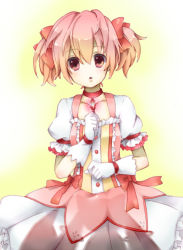 Rule 34 | 10s, 1girl, bow, bubble skirt, colorized, fira yuki, gloves, hair bow, kaname madoka, magical girl, mahou shoujo madoka magica, mahou shoujo madoka magica (anime), no nose, pink eyes, pink hair, short twintails, skirt, solo, twintails, white gloves