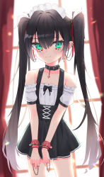 Rule 34 | 1girl, 333shishishi333, backlighting, bare shoulders, belt collar, black bow, black collar, black hair, black skirt, blush, bound, bound wrists, bow, breasts, chain, closed mouth, collar, collarbone, cowboy shot, cross, cross-laced clothes, cross-laced skirt, cross earrings, cuffed, cuffs, curtains, detached sleeves, earrings, facial mark, frills, green eyes, hair between eyes, hair ribbon, heart, heart facial mark, heart pendant, high-waist skirt, highres, indoors, jewelry, linked piercing, long hair, looking at viewer, maid headdress, miniskirt, original, piercing, puffy detached sleeves, puffy sleeves, red ribbon, ribbon, shirt, short sleeves, sidelocks, skirt, small breasts, smile, solo, standing, star (symbol), star facial mark, suspender skirt, suspenders, teardrop facial mark, thighs, twintails, v arms, very long hair, white shirt, window